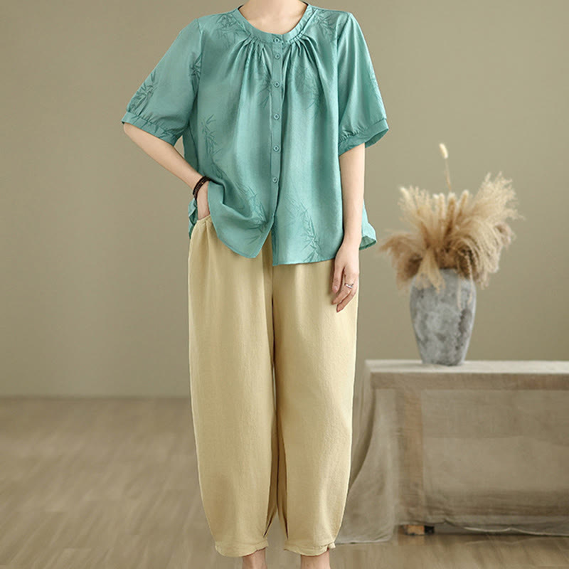 2pcs Casual Women's Short Sleeve Shirt Harem Pants Meditation Clothing Set