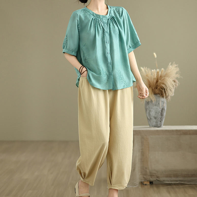 2pcs Casual Women's Short Sleeve Shirt Harem Pants Meditation Clothing Set - Image 6
