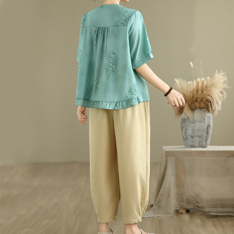 2pcs Casual Women's Short Sleeve Shirt Harem Pants Meditation Clothing Set - Image 2