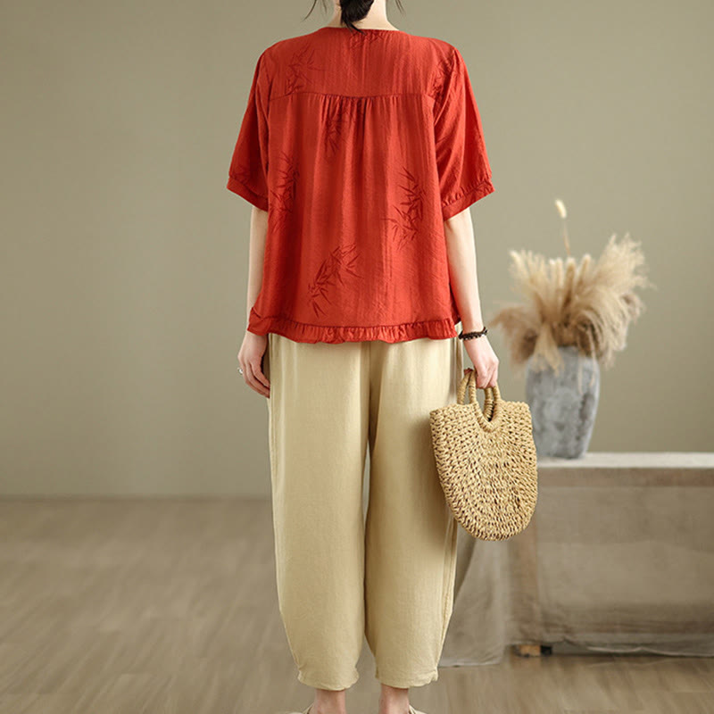 2pcs Casual Women's Short Sleeve Shirt Harem Pants Meditation Clothing Set - Image 9