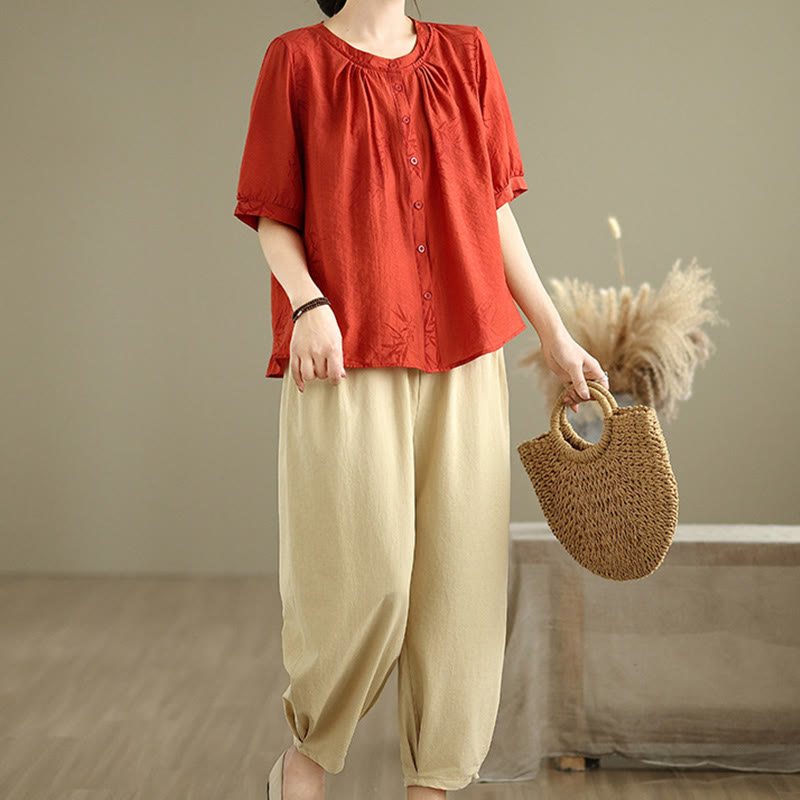 2pcs Casual Women's Short Sleeve Shirt Harem Pants Meditation Clothing Set - Image 12