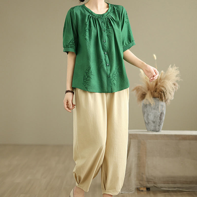 2pcs Casual Women's Short Sleeve Shirt Harem Pants Meditation Clothing Set - Image 23