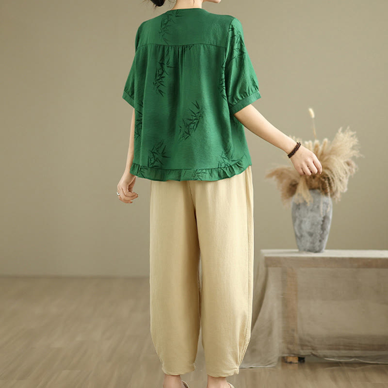2pcs Casual Women's Short Sleeve Shirt Harem Pants Meditation Clothing Set - Image 20