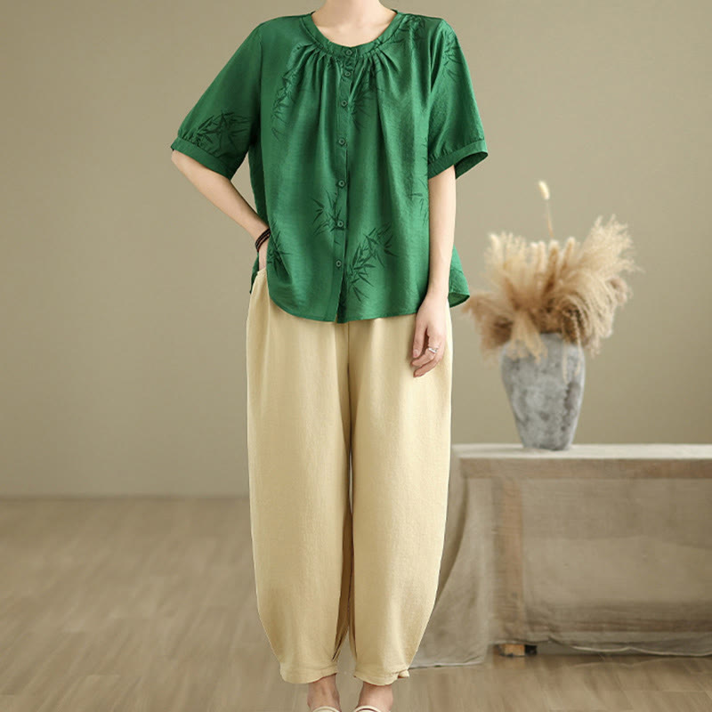 2pcs Casual Women's Short Sleeve Shirt Harem Pants Meditation Clothing Set - Image 19