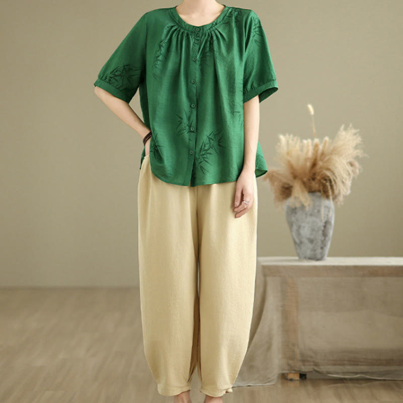 2pcs Casual Women's Short Sleeve Shirt Harem Pants Meditation Clothing Set - Image 22