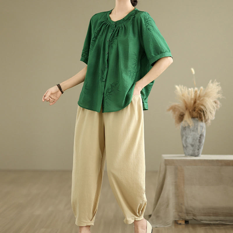 2pcs Casual Women's Short Sleeve Shirt Harem Pants Meditation Clothing Set - Image 25