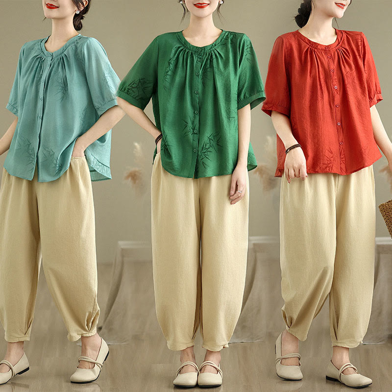 2pcs Casual Women's Short Sleeve Shirt Harem Pants Meditation Clothing Set - Image 27