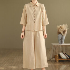 2pcs Casual Women's Stand Collar Shirt Loose Pants Meditation Clothing Set