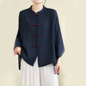 2pcs Casual Women's Frog Button Shirt Loose Pants Meditation Clothing Set - Image 4