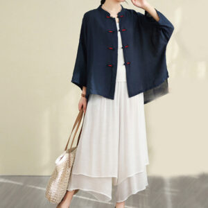 2pcs Casual Women's Frog Button Shirt Loose Pants Meditation Clothing Set