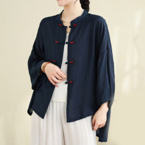 2pcs Casual Women's Frog Button Shirt Loose Pants Meditation Clothing Set - Image 5