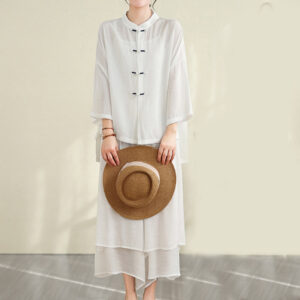 2pcs Casual Women's Frog Button Shirt Loose Pants Meditation Clothing Set - Image 16