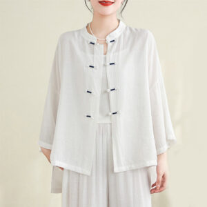 2pcs Casual Women's Frog Button Shirt Loose Pants Meditation Clothing Set - Image 9