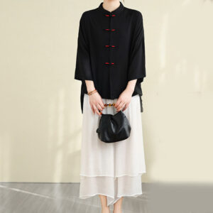 2pcs Casual Women's Frog Button Shirt Loose Pants Meditation Clothing Set - Image 26