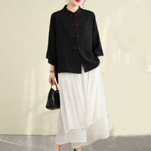 2pcs Casual Women's Frog Button Shirt Loose Pants Meditation Clothing Set - Image 22