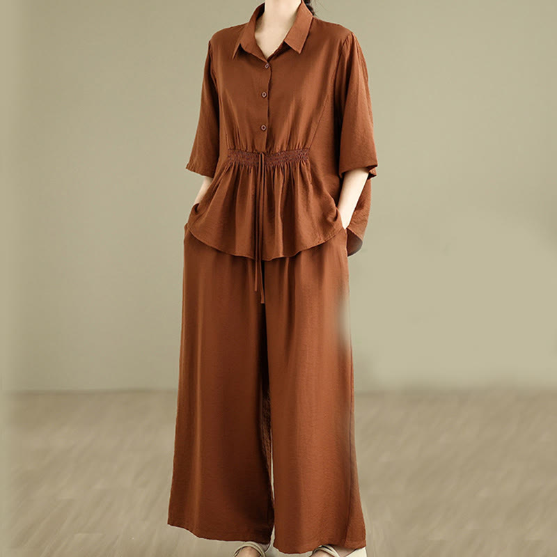 2pcs Casual Women's Stand Collar Shirt Loose Pants Meditation Clothing Set - Image 2