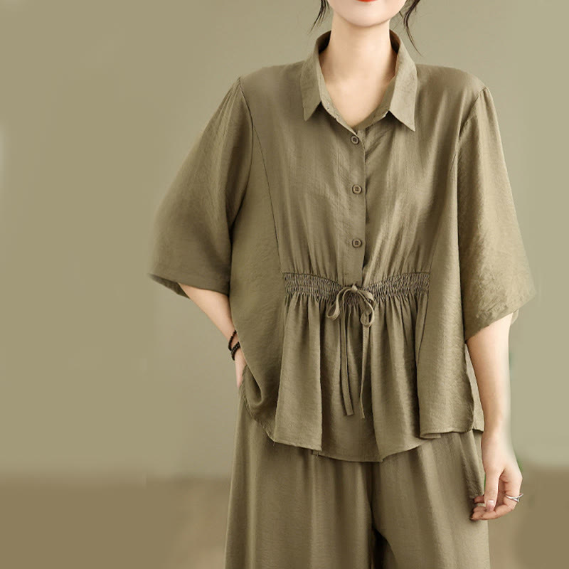 2pcs Casual Women's Stand Collar Shirt Loose Pants Meditation Clothing Set - Image 17