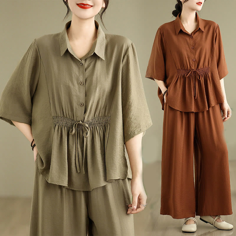 2pcs Casual Women's Stand Collar Shirt Loose Pants Meditation Clothing Set - Image 19