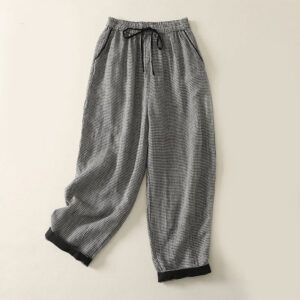 Plaid Pattern Drawstring Women's Cotton Linen Harem Pants With Pockets