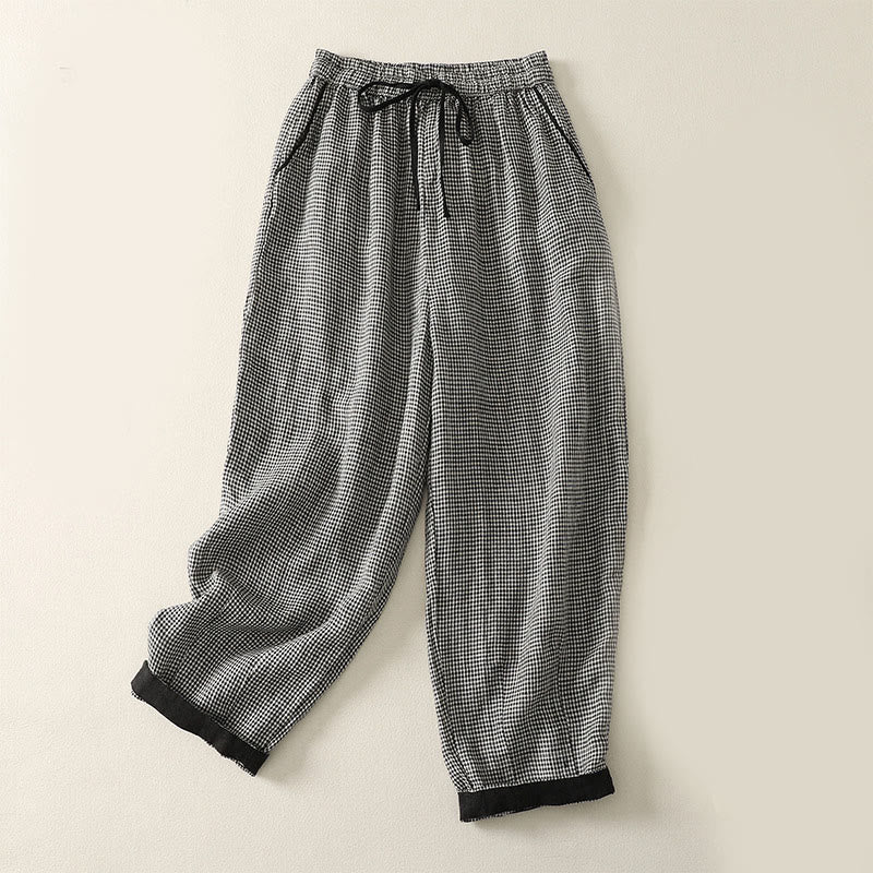 Plaid Pattern Drawstring Women's Cotton Linen Harem Pants With Pockets