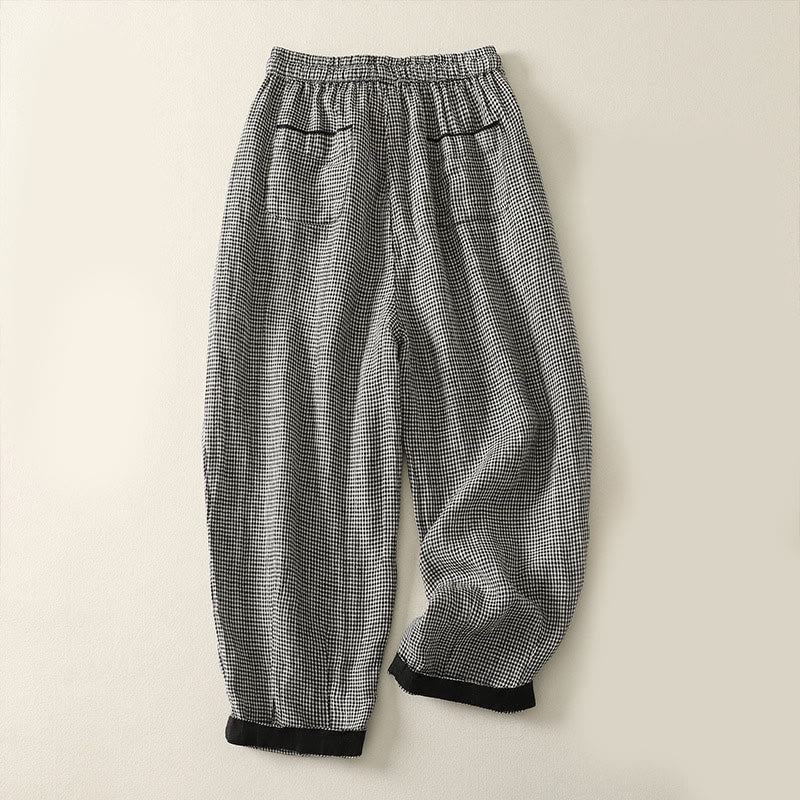Plaid Pattern Drawstring Women's Cotton Linen Harem Pants With Pockets - Image 2