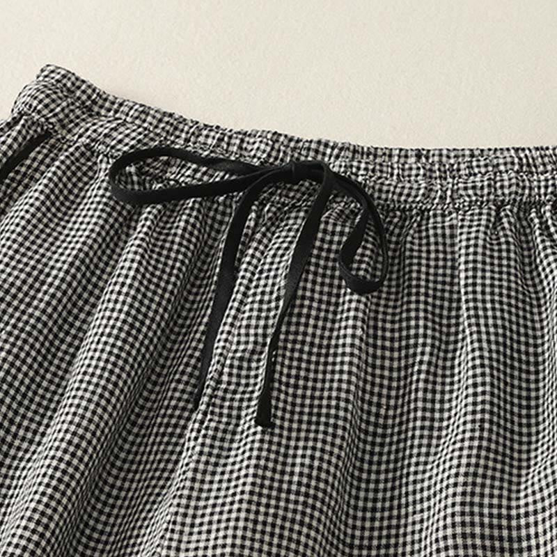 Plaid Pattern Drawstring Women's Cotton Linen Harem Pants With Pockets - Image 3