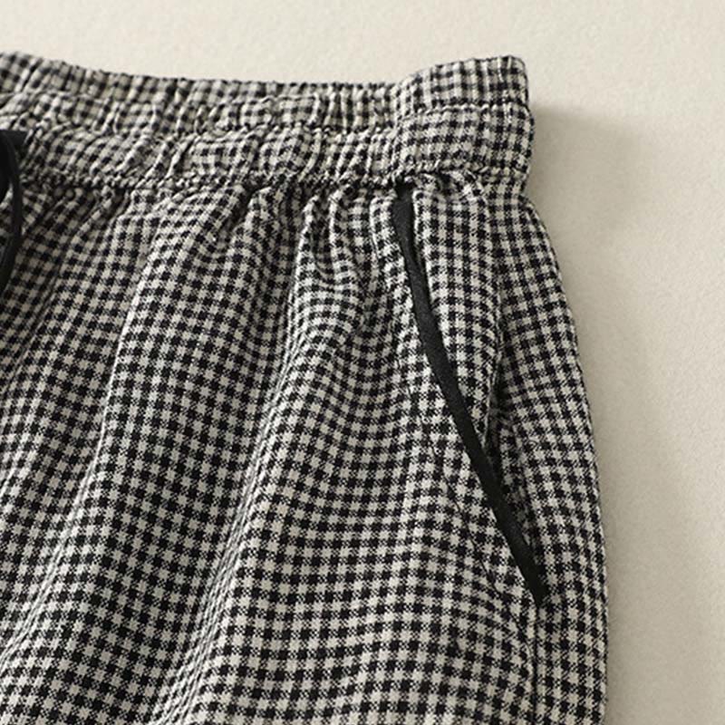 Plaid Pattern Drawstring Women's Cotton Linen Harem Pants With Pockets - Image 5