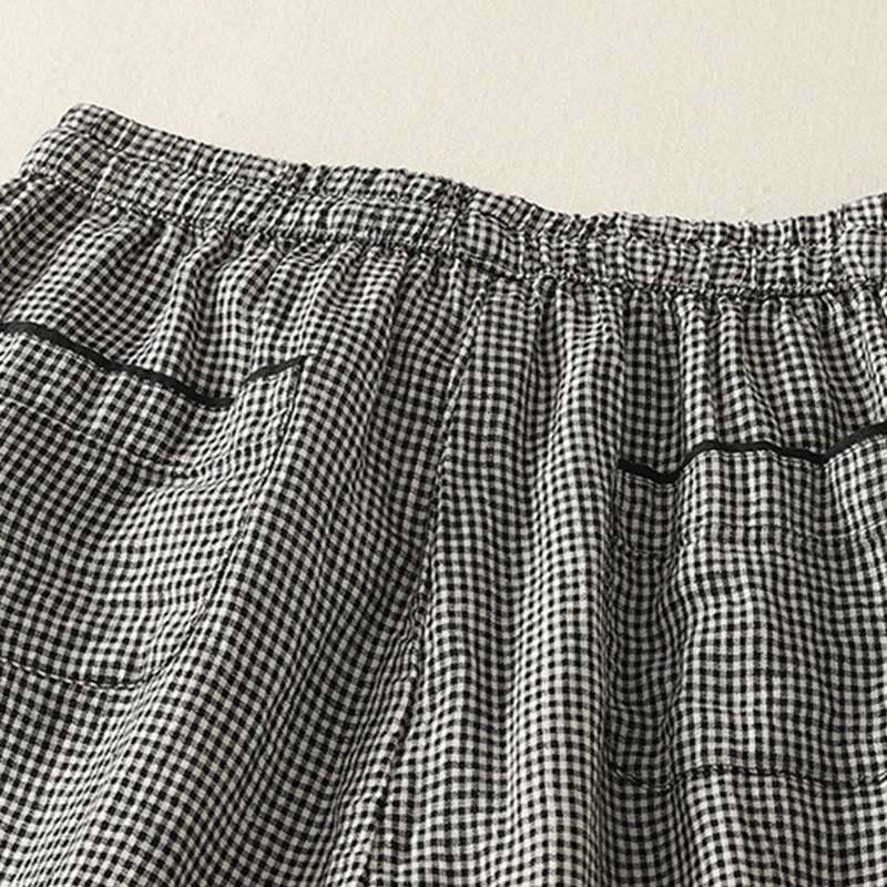 Plaid Pattern Drawstring Women's Cotton Linen Harem Pants With Pockets - Image 4