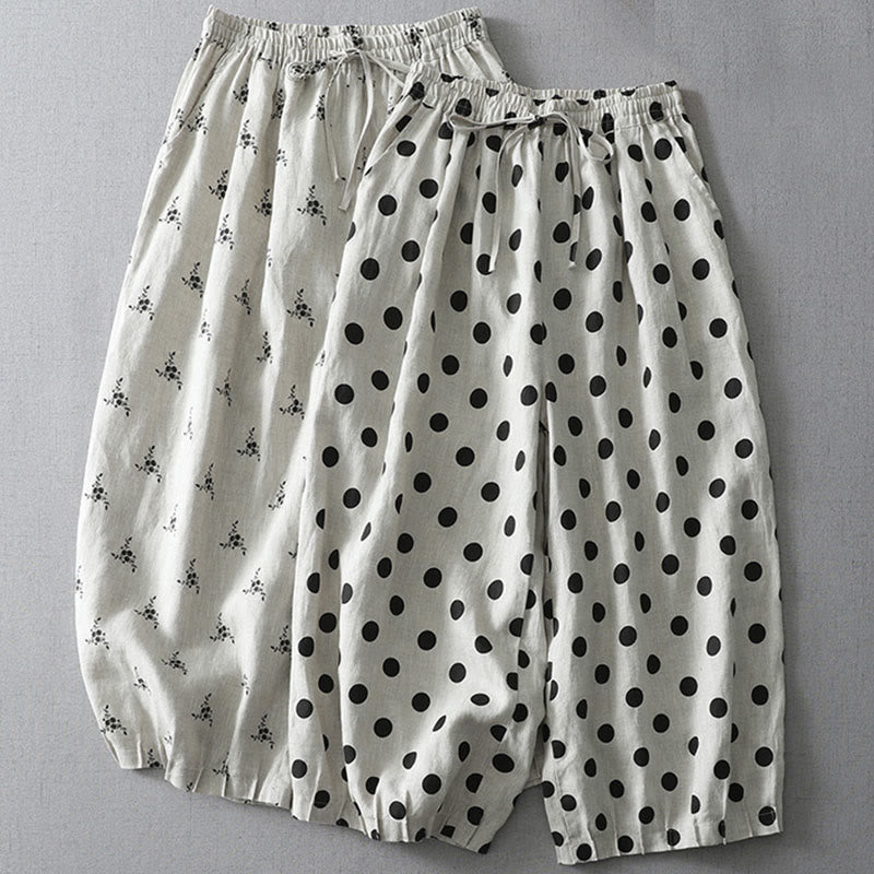 Polka Dot Floral Pattern Pattern Women's Cotton Linen Harem Pants With Pockets - Image 15