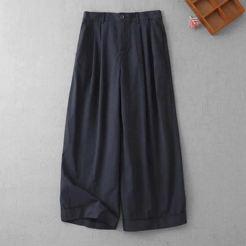 Casual Plain High Waist Women's Polyester 7-8 Length Wide Leg Pants With Pockets