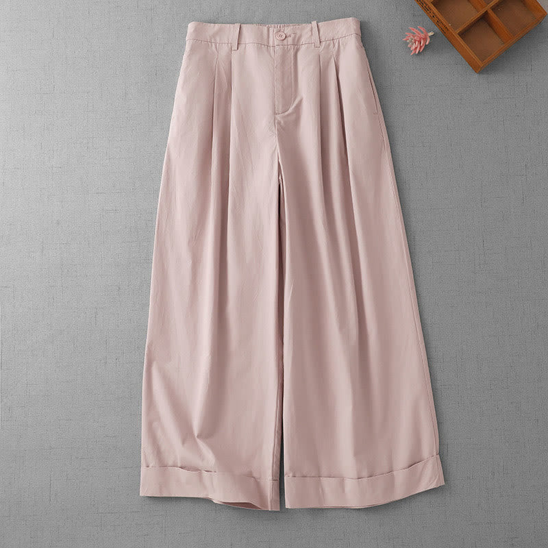 Casual Plain High Waist Women's Polyester 7-8 Length Wide Leg Pants With Pockets - Image 6