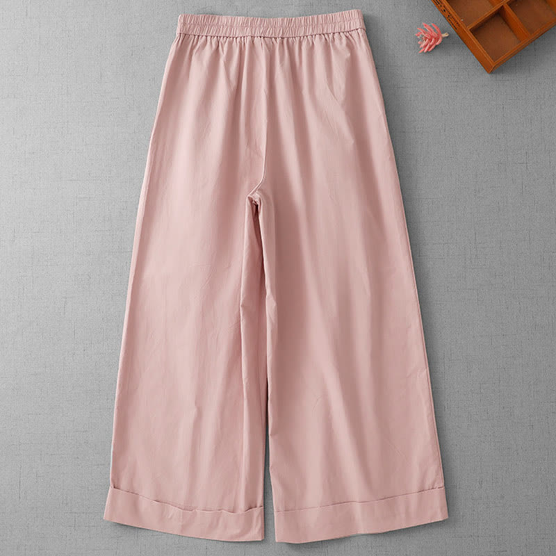 Casual Plain High Waist Women's Polyester 7-8 Length Wide Leg Pants With Pockets - Image 7