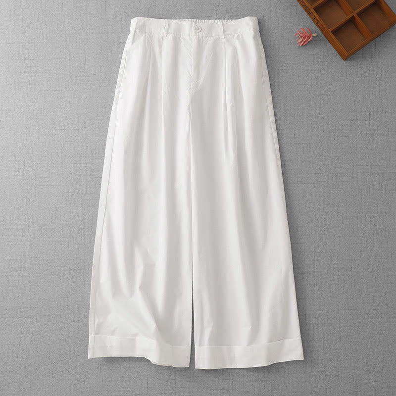 Casual Plain High Waist Women's Polyester 7-8 Length Wide Leg Pants With Pockets - Image 14