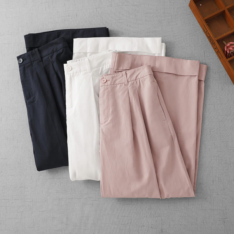 Casual Plain High Waist Women's Polyester 7-8 Length Wide Leg Pants With Pockets - Image 21