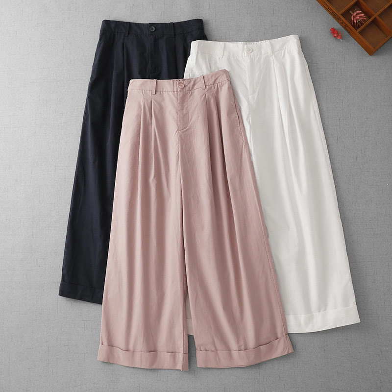 Casual Plain High Waist Women's Polyester 7-8 Length Wide Leg Pants With Pockets - Image 19