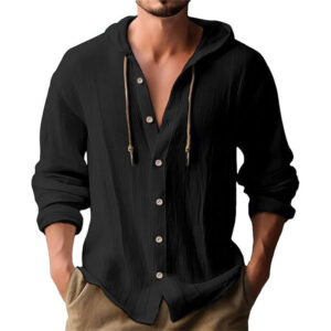 Solid Color Long Sleeve Hooded Drawstring Buttons Linen Men's Shirt