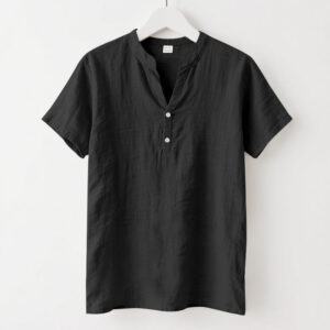 Solid Summer Short Sleeve Half Buttons Linen Men's Shirt