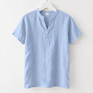 Solid Summer Short Sleeve Half Buttons Linen Men's Shirt - Image 19