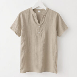 Solid Summer Short Sleeve Half Buttons Linen Men's Shirt - Image 13