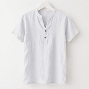 Solid Summer Short Sleeve Half Buttons Linen Men's Shirt - Image 7