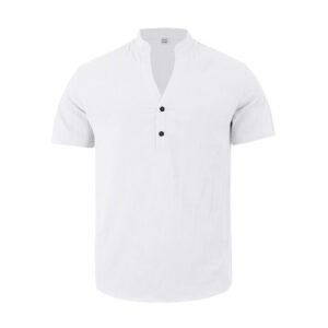 Solid Summer Short Sleeve Half Buttons Linen Men's Shirt - Image 8