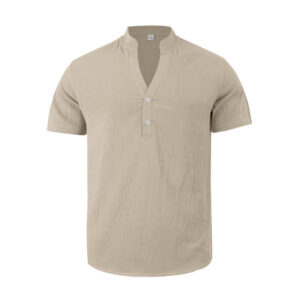 Solid Summer Short Sleeve Half Buttons Linen Men's Shirt - Image 14