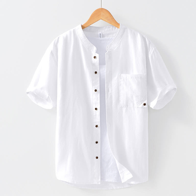 Summer Buttons Short Sleeve Ramie Linen Cotton Men's Shirt - Image 8