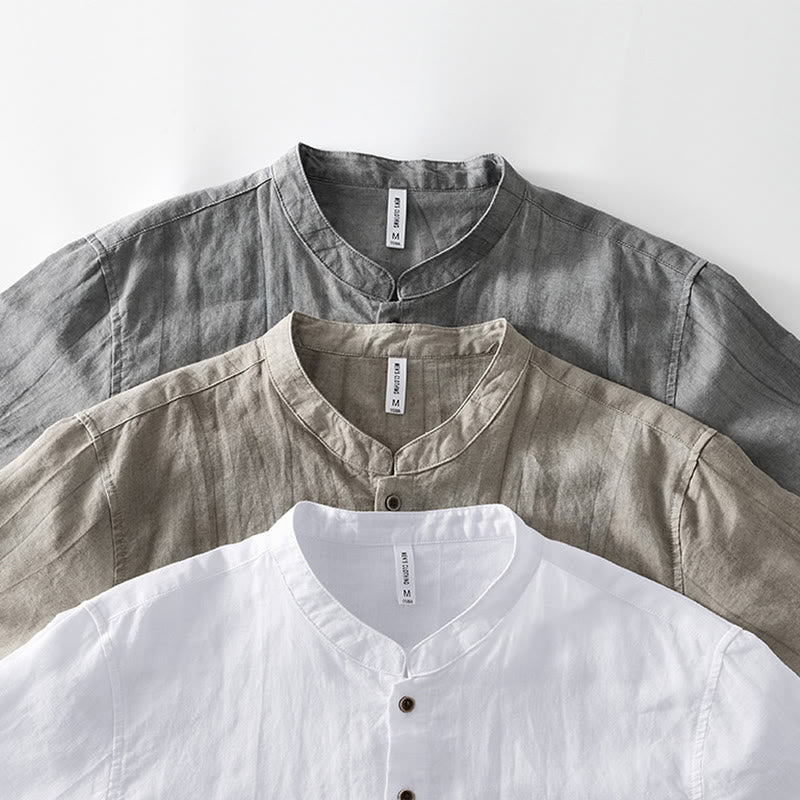 Summer Buttons Short Sleeve Ramie Linen Cotton Men's Shirt - Image 22