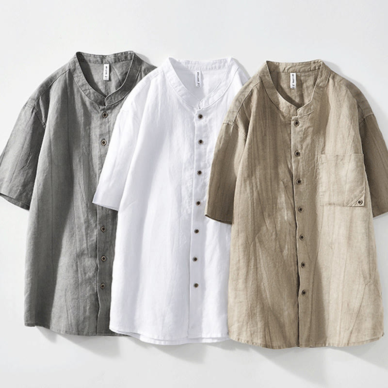 Summer Buttons Short Sleeve Ramie Linen Cotton Men's Shirt - Image 2