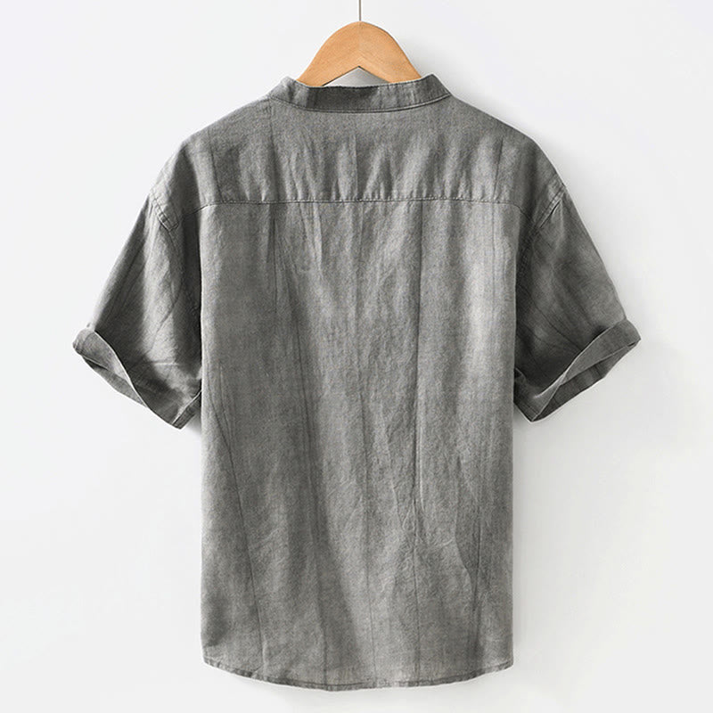 Summer Buttons Short Sleeve Ramie Linen Cotton Men's Shirt - Image 3