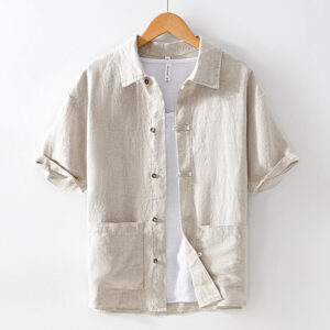 Solid Summer Short Sleeve Buttons Linen Men's Shirt With Pockets