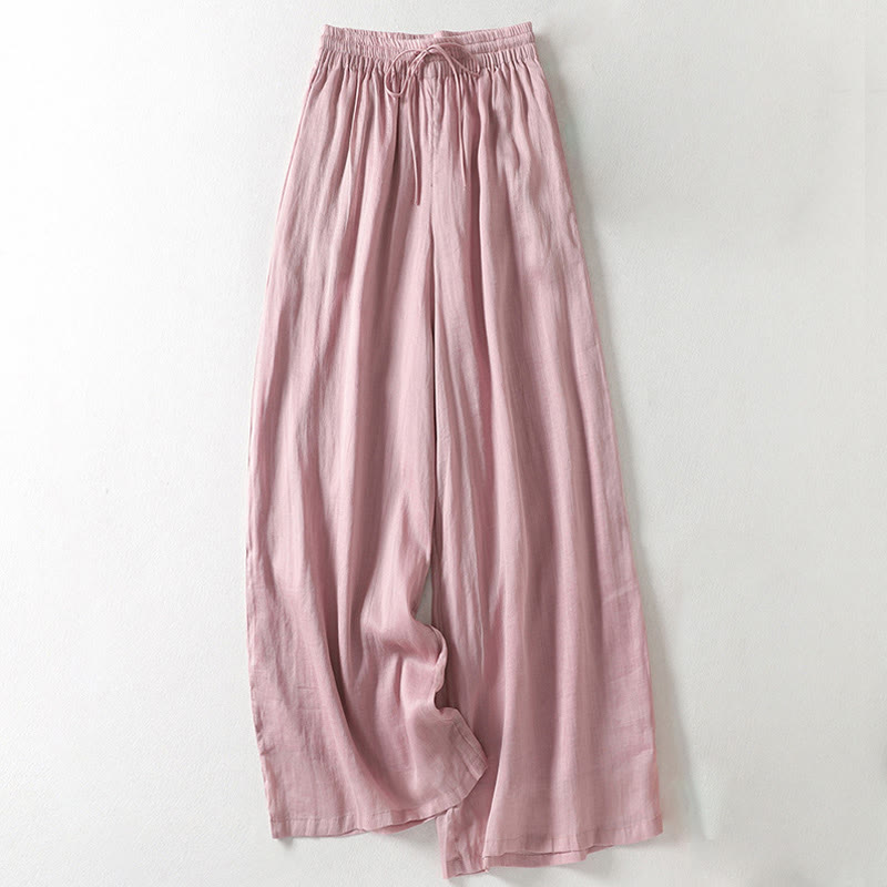Casual Drawstring Cotton Linen Ankle-Length Women's Wide Leg Pants With Pockets