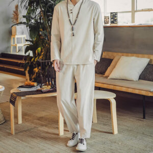 2Pcs Cotton Shirt Ankle-Length Pants With Pockets Men's Meditation Cloth Set