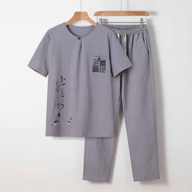 2Pcs Chinese Characters Crane Cotton Shirt Pants With Pockets Men's Meditation Cloth Set